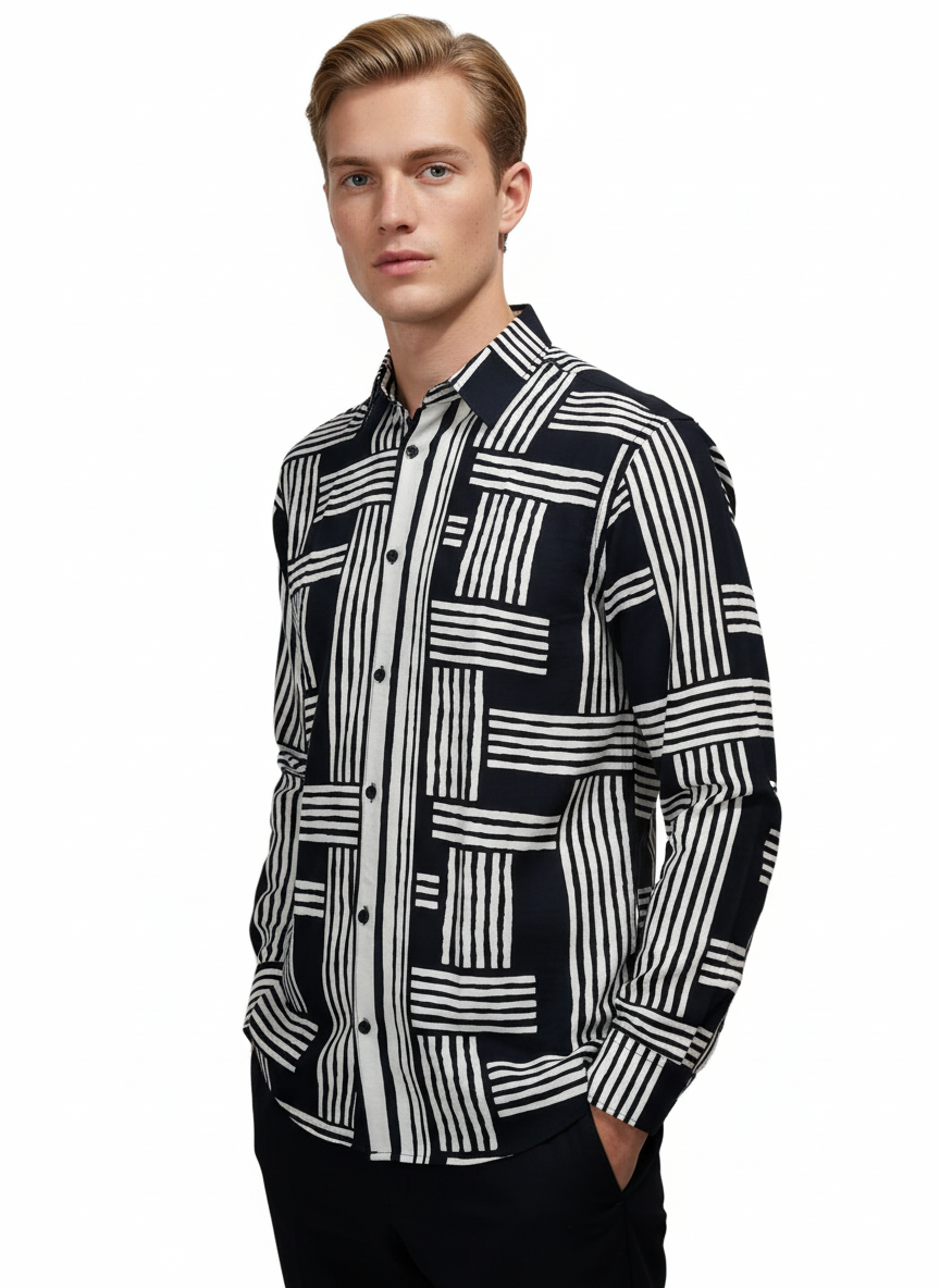 men’s full sleeve printed viscose shirt – black & white flower pattern