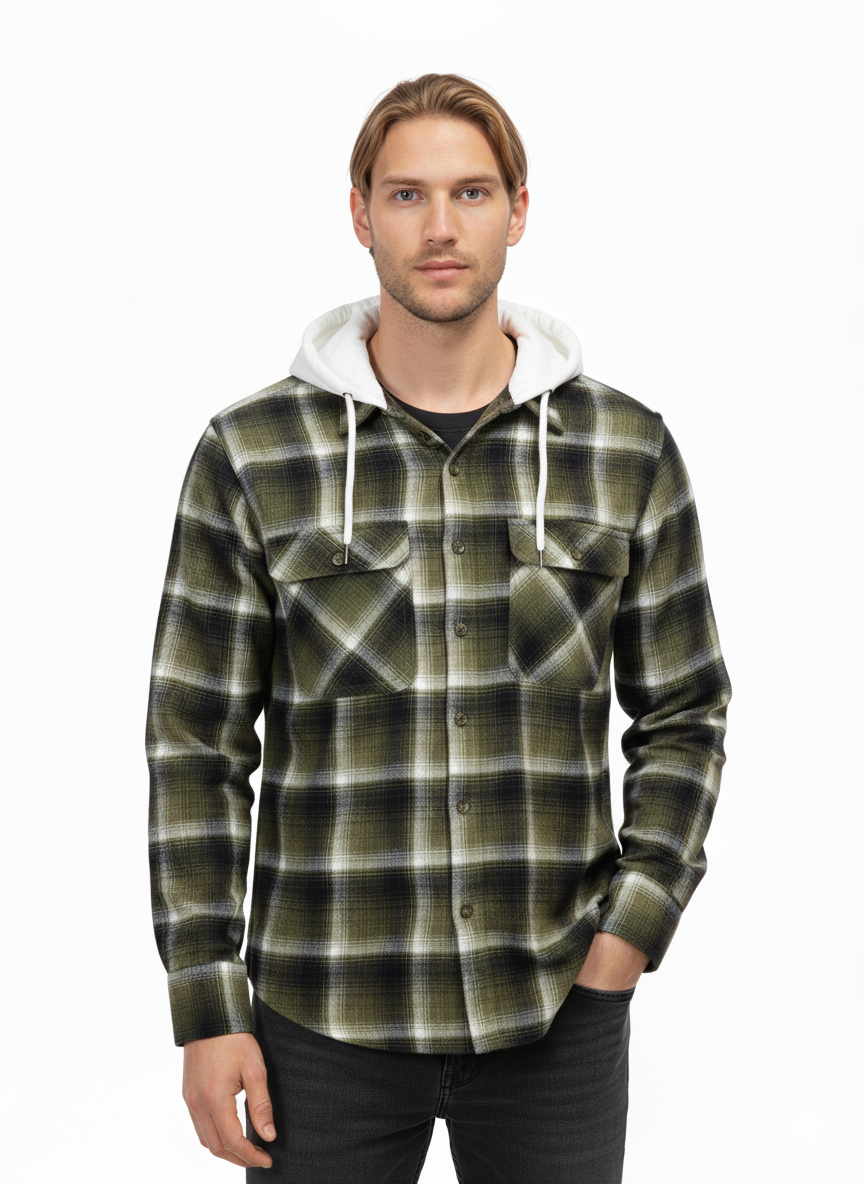 Men’s Olive & White Checked Flannel Hoodie