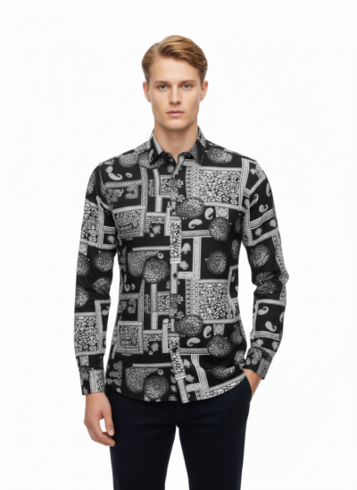men’s full sleeve printed viscose shirt – black & white flower pattern