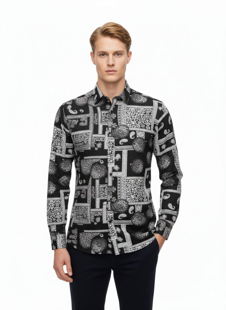 men’s full sleeve printed viscose shirt – black & white flower pattern
