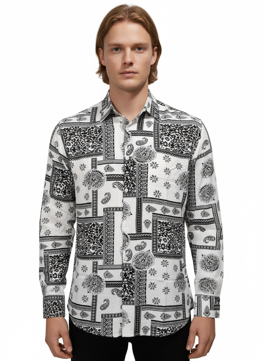 men’s full sleeve printed viscose shirt – black & white flower pattern