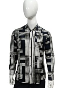 Men’s Full Sleeve Printed Viscose Shirt – Black & White Check tryckt mönster långärmad skjorta