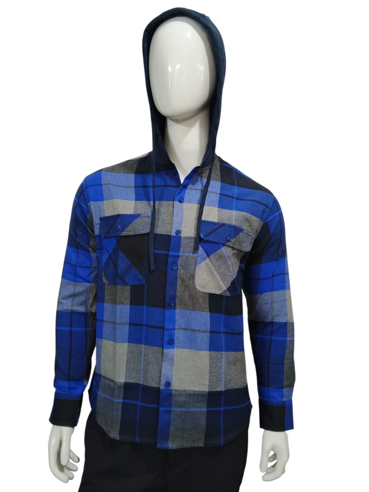 Men’s Royal Blue Checked Flannel Hoodie flanell hoodie med blå rutcheck