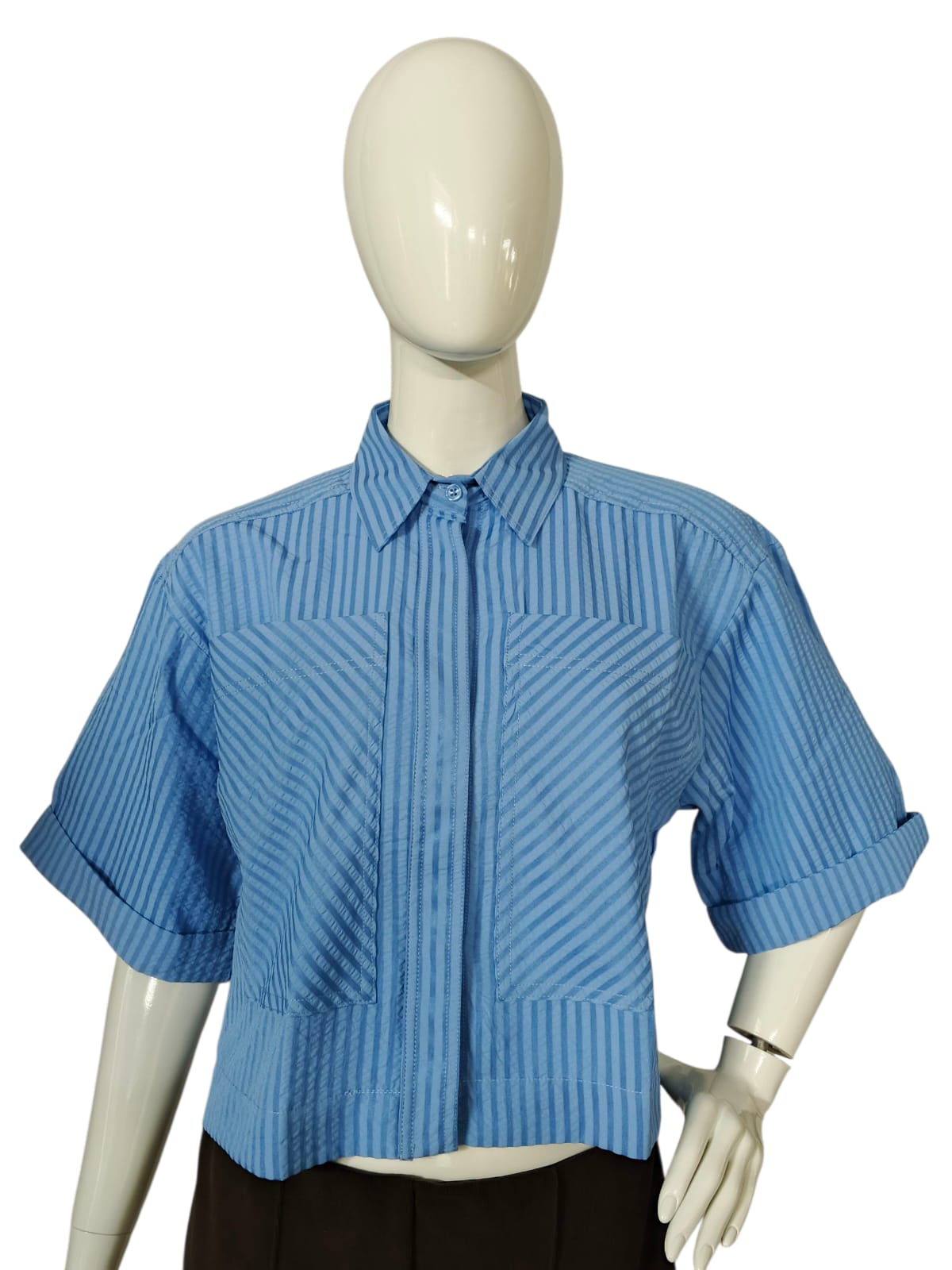 Stylish Half Sleeve Blue Shirt for Women kortärmad blårandig skjorta för dam