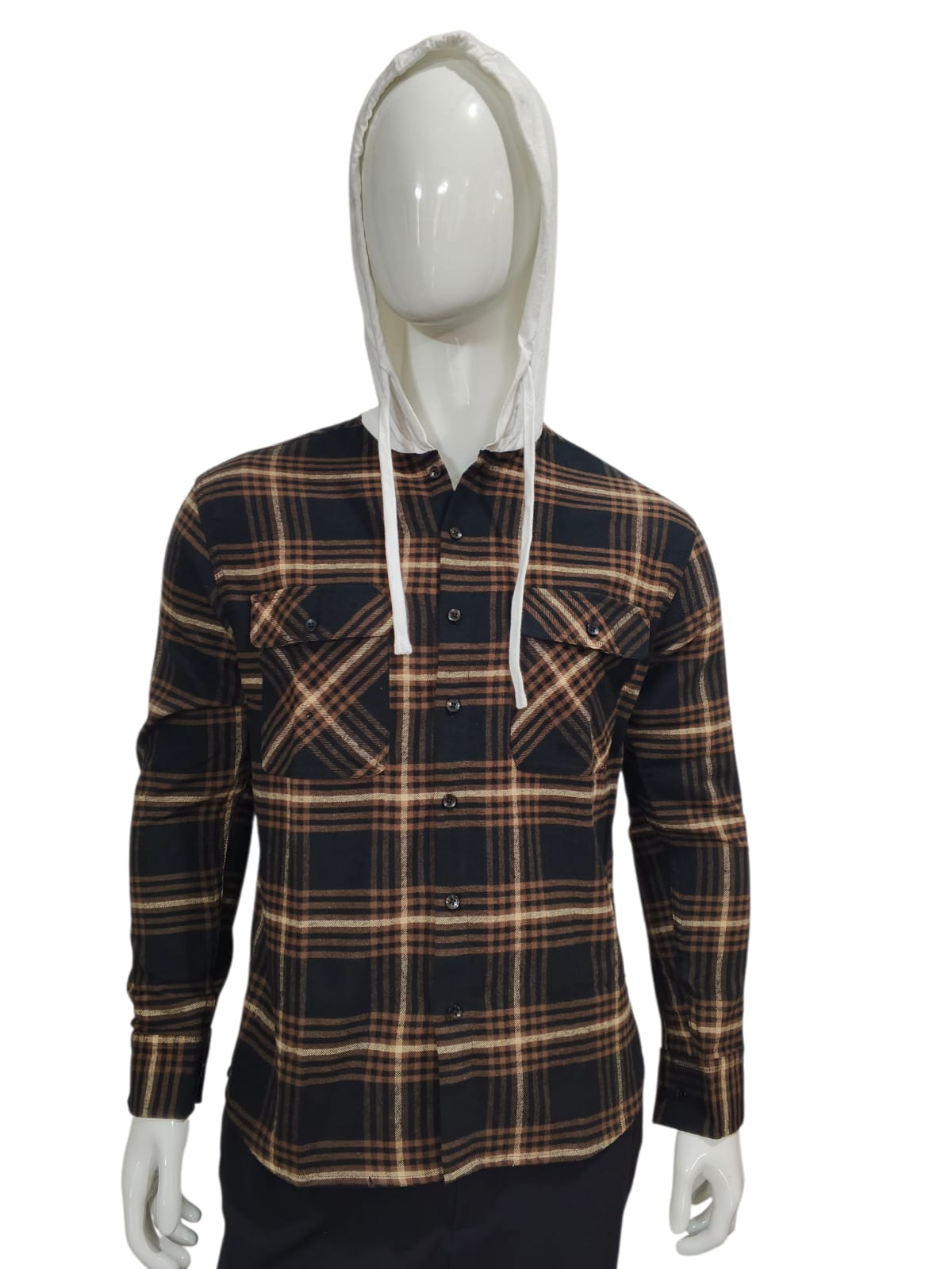 Men’s Black & Coffee Checked Flannel Hoodie flanell hoodie med blå rutcheck