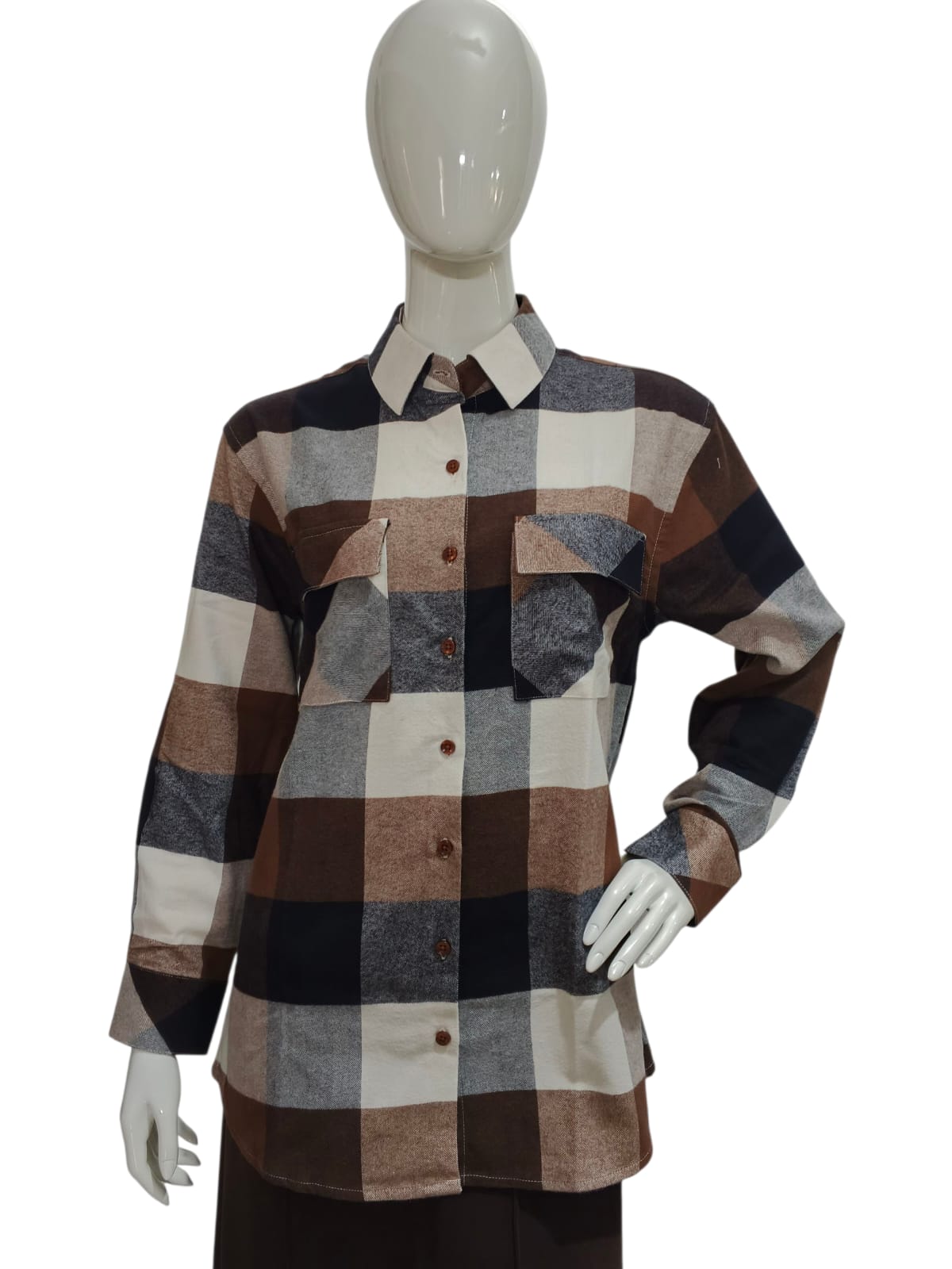 Women’s Red & Coffee Checked Long Flannel Shirt with Full Sleeves flanellskjorta med lång ärm