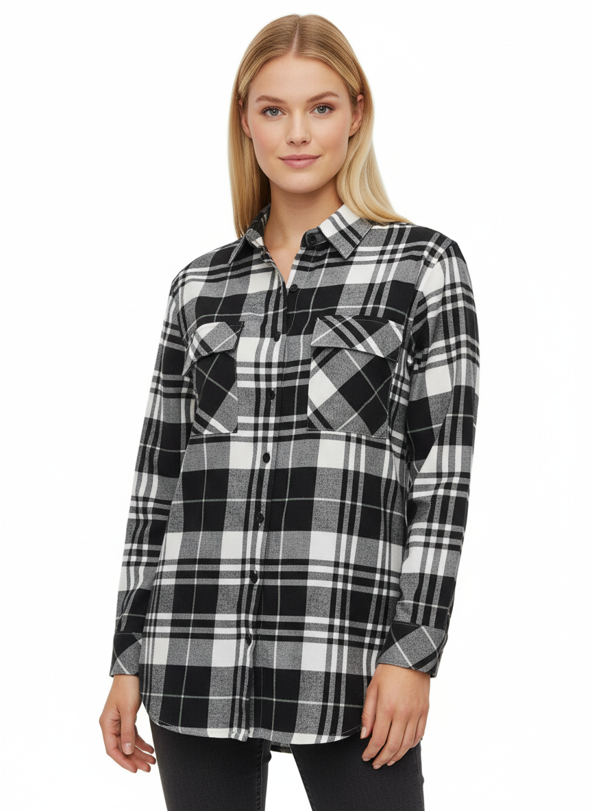 Black, White & Gray Long Flannel Shirt