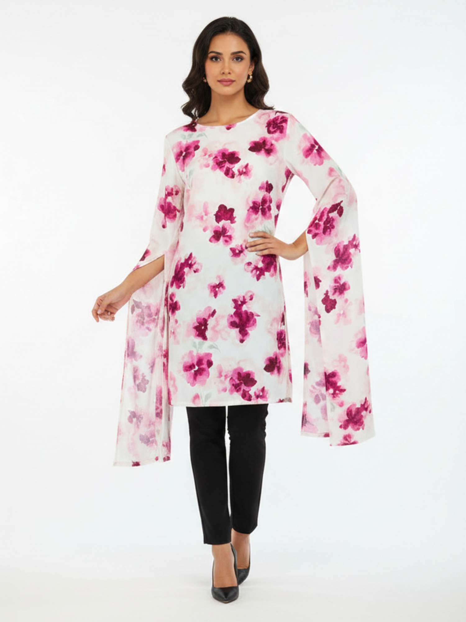 RADWA Magenta Watercolor Floral Cape-Sleeve Mini Dress