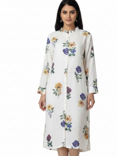 RADWA Wildflower Floral Button-Down Linen-Look Shirt Dress
