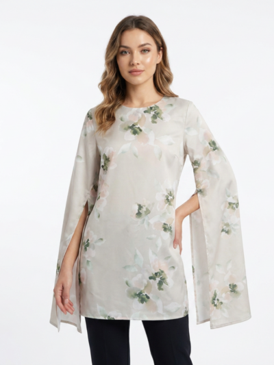 RADWA Watercolor Floral Cape-Sleeve Satin Mini Dress