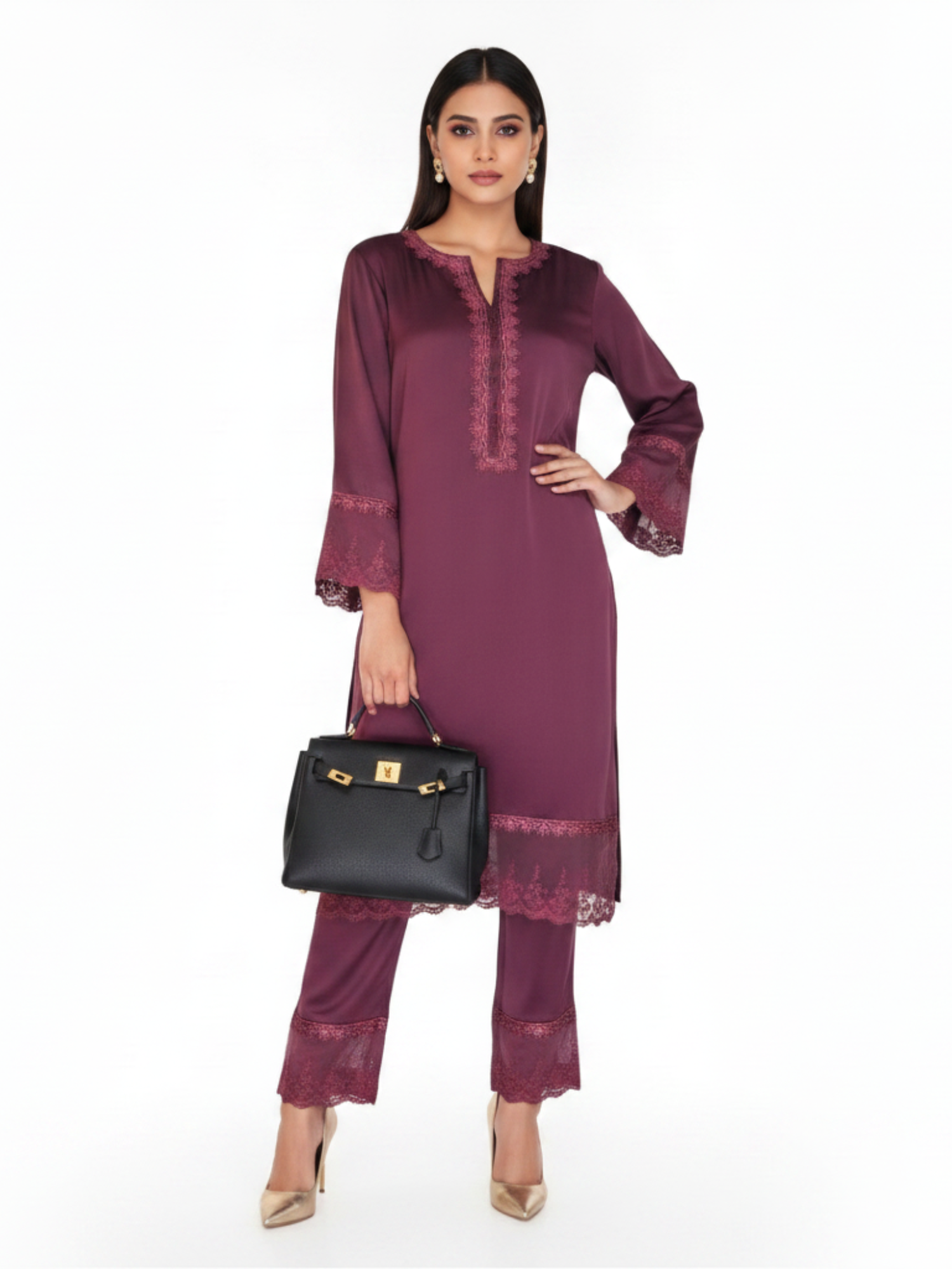 RADWA Plum Purple Lace-Trimmed Satin 2-Piece Co-ord Set